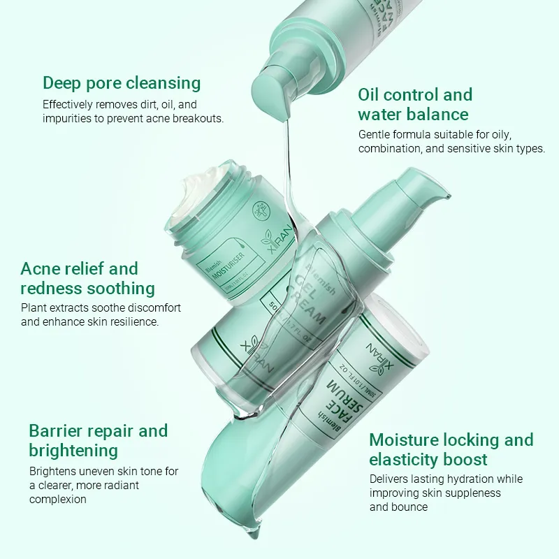 Image showing several skincare products with descriptions highlighting benefits such as deep pore cleansing, oil control, acne relief, barrier repair, and moisture locking.